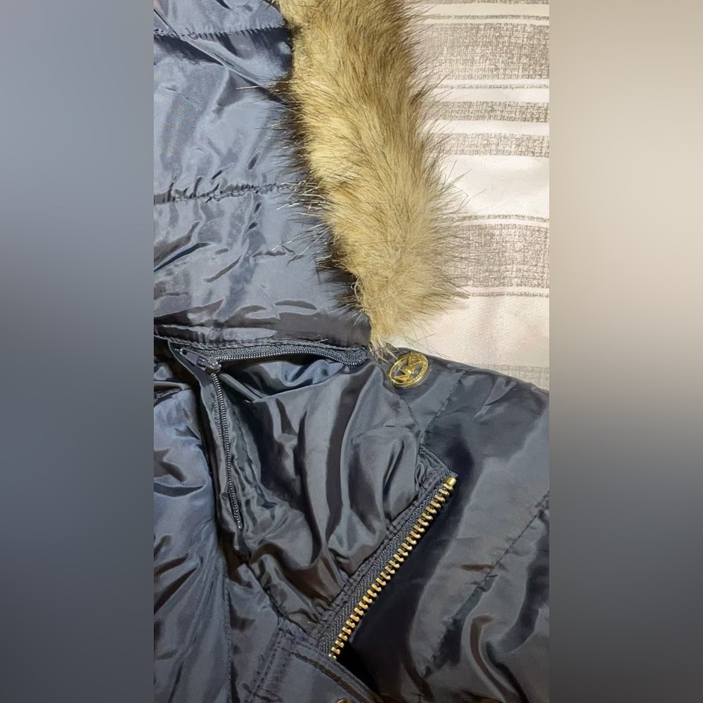 Michael Kors Navy Down Quilted Coat with Faux Fur Hood - Picture 11 of 16